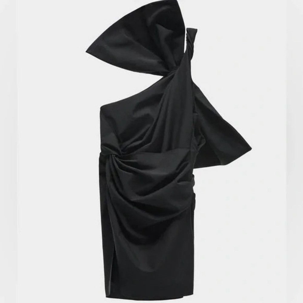 Zara Black One-Shoulder Draped Mini Dress w/ Oversized Bow Detail Size S NWT